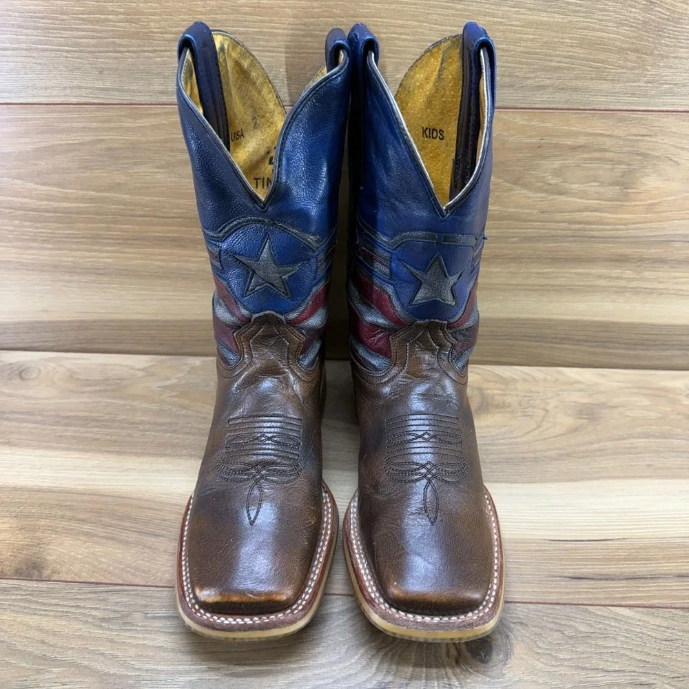 TIN HAUL Justice America Patriotic Boys Size 2 Square Toe Western Boot Rodeo
